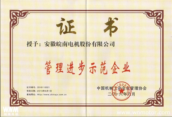 皖南电机再次荣获 &ldquo;全国机械工业管理进步示范企业&rdquo;称号